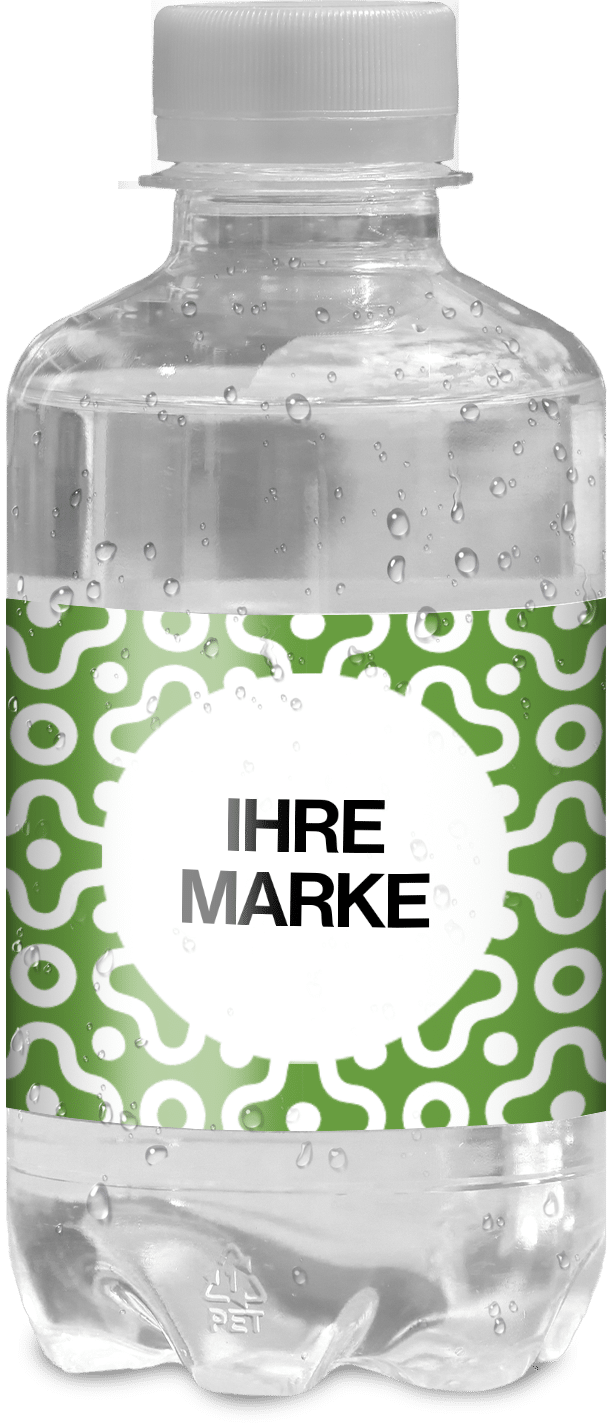 Wasserflasche mit grünem Label und weißem Muster "Ihre Marke"